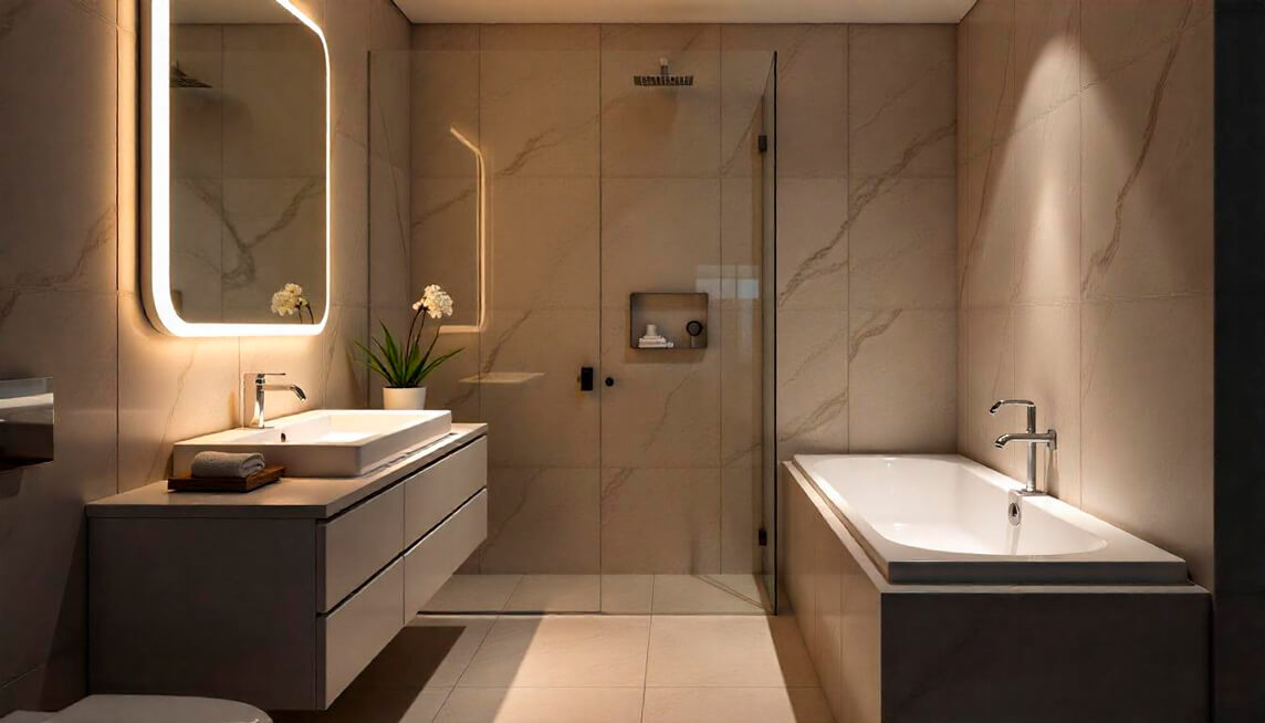 Iluminación LED moderna alrededor de espejo de baño y luz de acento