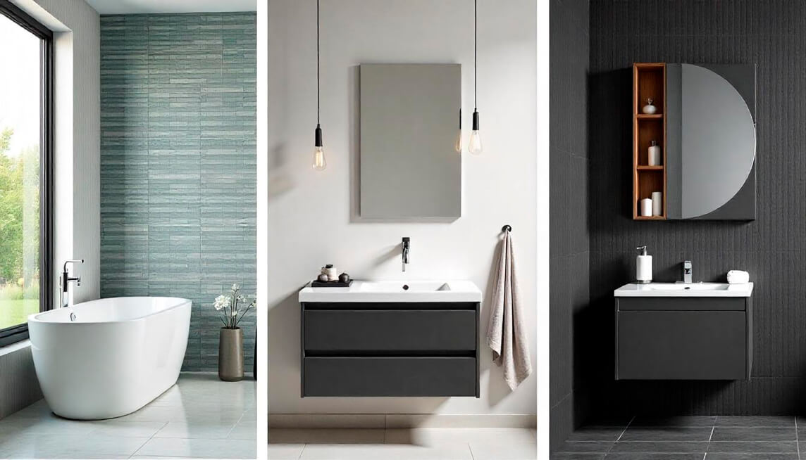 Materiales modernos para baño: azulejos texturizados, encimera de cuarzo y grifería negra