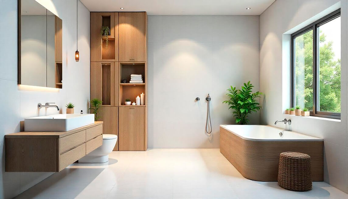 "Distribución funcional de baño con doble lavamanos y almacenamiento inteligente