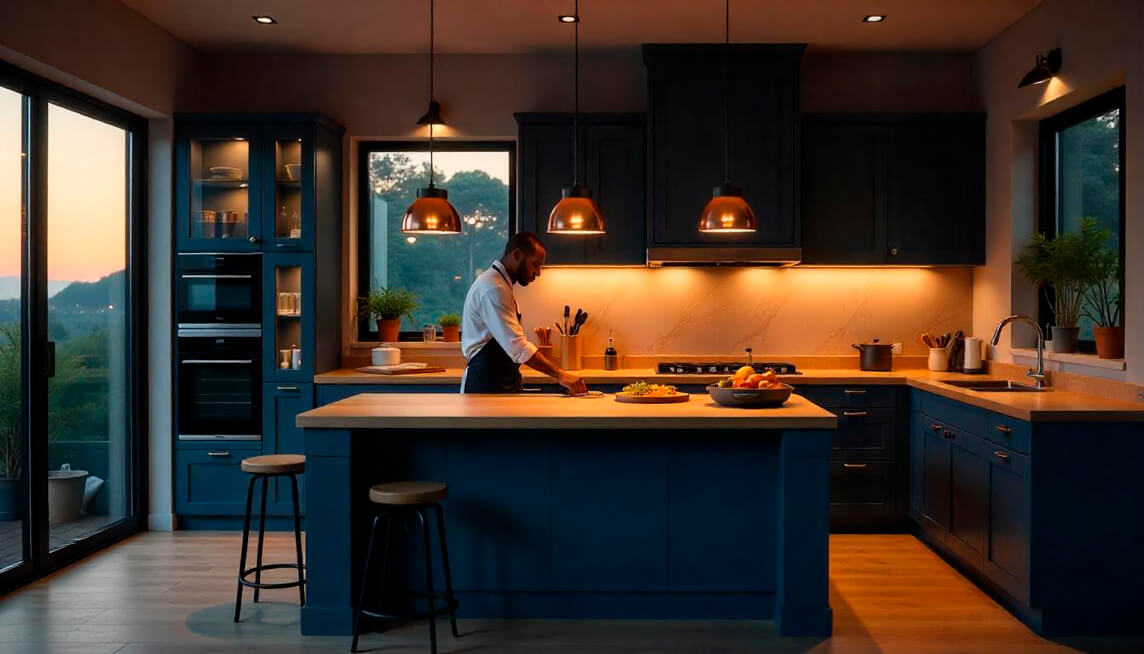 Cocina abierta con isla central y luces colgantes, tendencia en remodelaciones en Miami