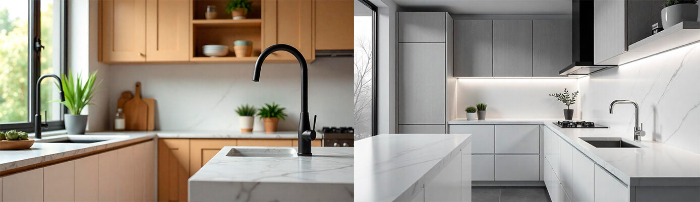 Encimeras de cuarzo blanco, gabinetes modernos y grifo elegante para remodelación de cocina en Miami