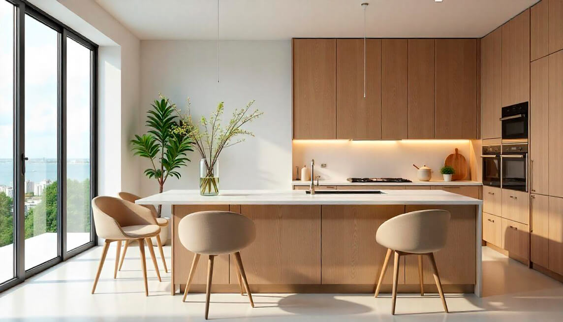 Cocina moderna con isla central y luz natural en Miami