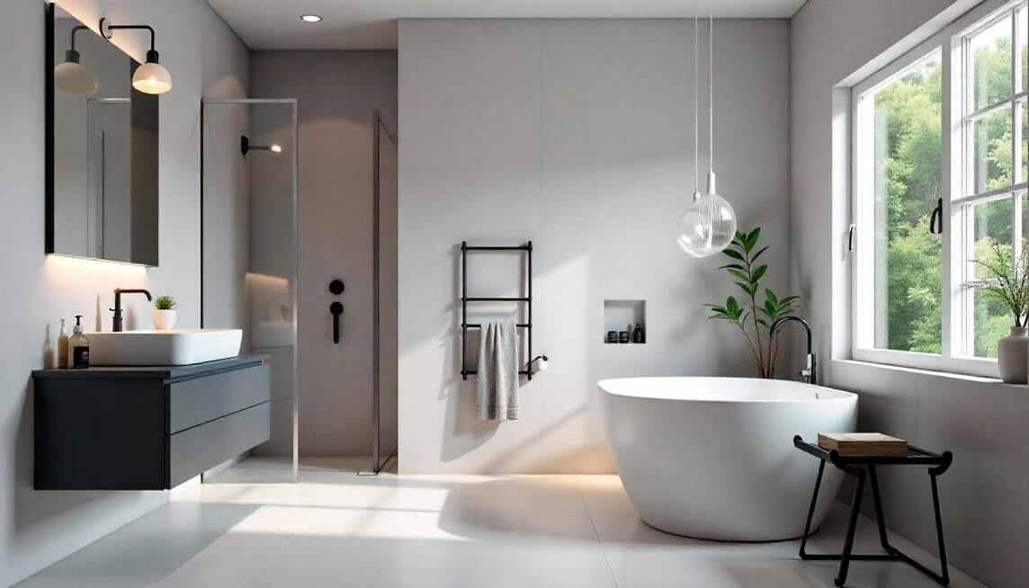 Baño moderno minimalista con ducha de cristal y accesorios negros en Miami